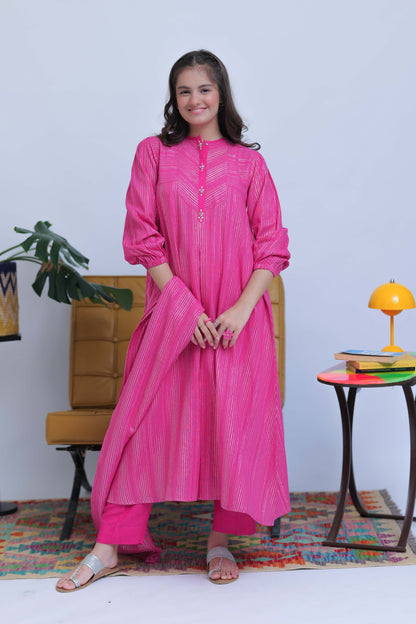 GAD-02831 | Shocking Pink & Silver | Casual 3 Piece Suit | Karandi Fabric Dobby Jacquard