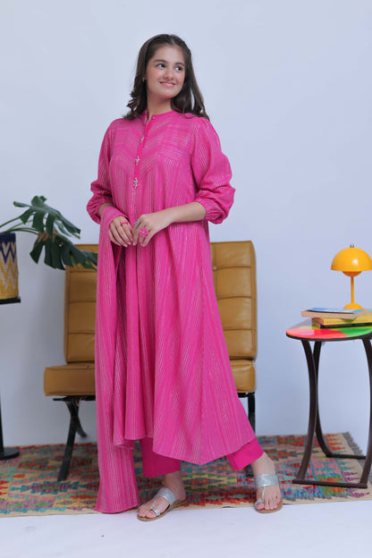 GAD-02831 | Shocking Pink & Silver | Casual 3 Piece Suit | Karandi Fabric Dobby Jacquard