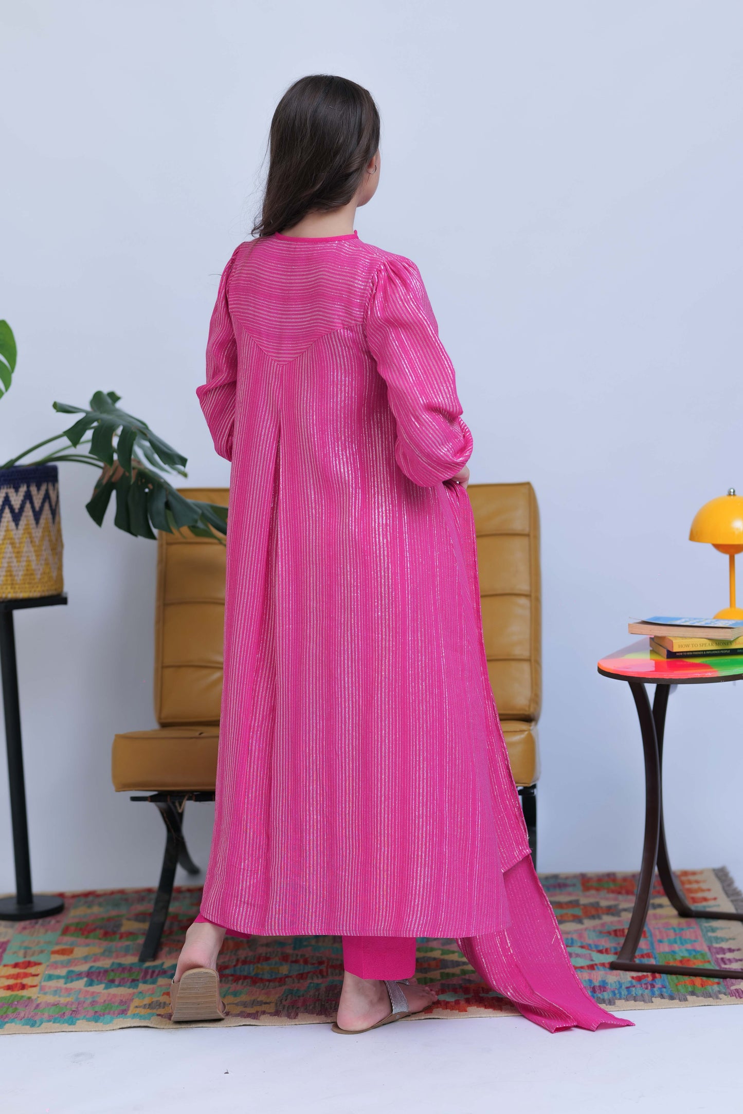 GAD-02831 | Shocking Pink & Silver | Casual 3 Piece Suit | Karandi Fabric Dobby Jacquard