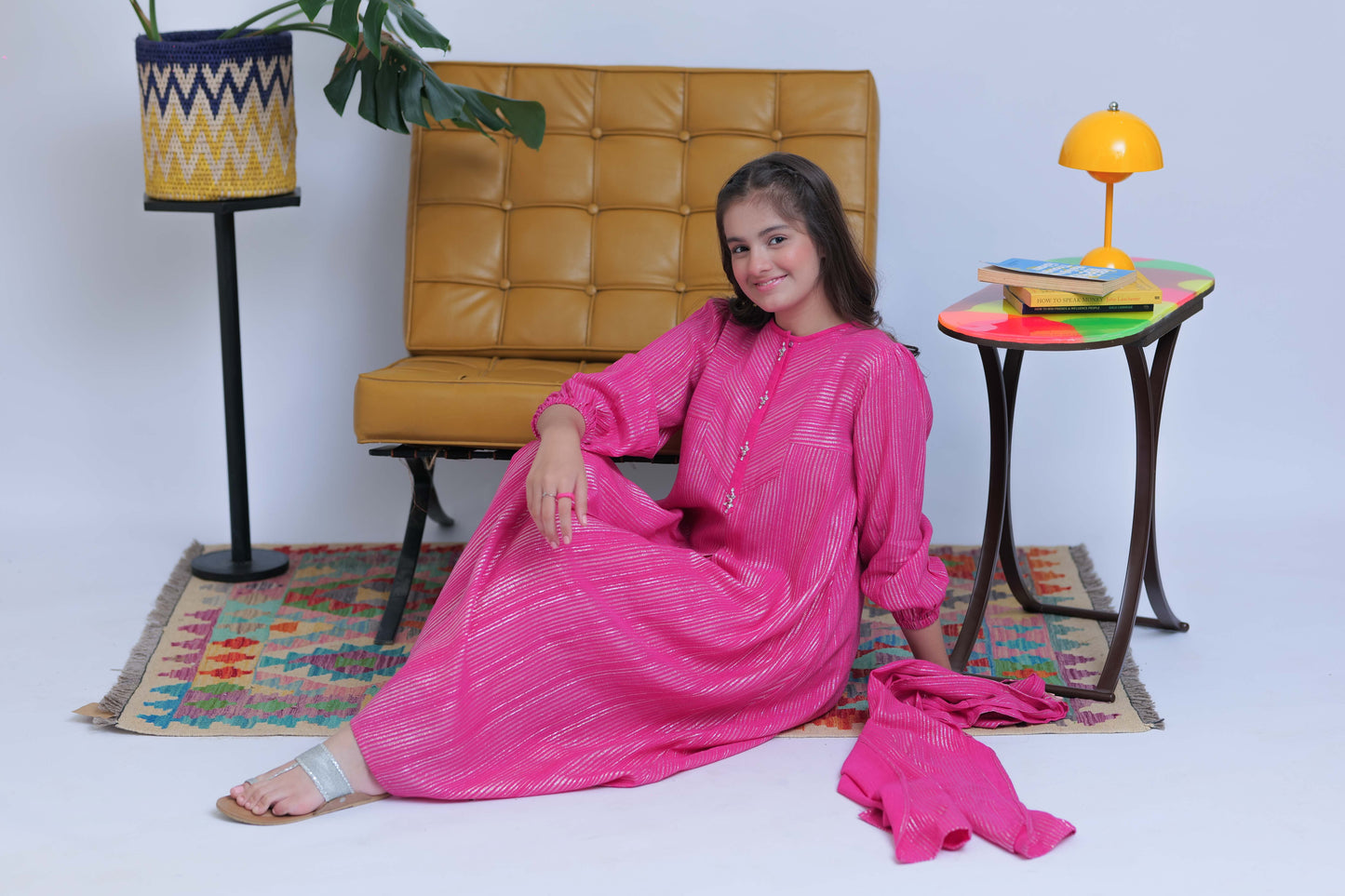 GAD-02831 | Shocking Pink & Silver | Casual 3 Piece Suit | Karandi Fabric Dobby Jacquard