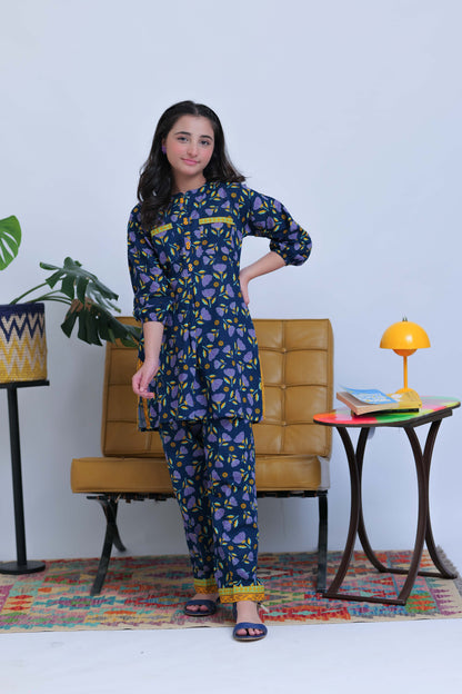 GAC-02805 | Blue & Multicolor | Casual 2 Piece Suit | Cotton Dobby Self