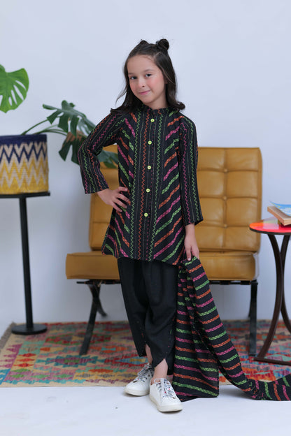 KAD-02828 | Black & Multicolor | Casual 3 Piece Suit | Karandi Fabric Dobby Jacquard