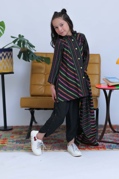 KAD-02828 | Black & Multicolor | Casual 3 Piece Suit | Karandi Fabric Dobby Jacquard