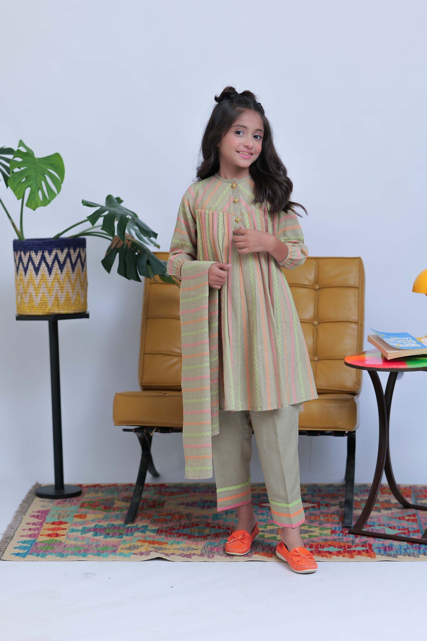 KAD-02827 | Fawn & Multicolor | Casual 3 Piece Suit | Karandi Fabric Dobby Jacquard