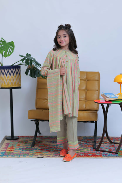 KAD-02827 | Fawn & Multicolor | Casual 3 Piece Suit | Karandi Fabric Dobby Jacquard