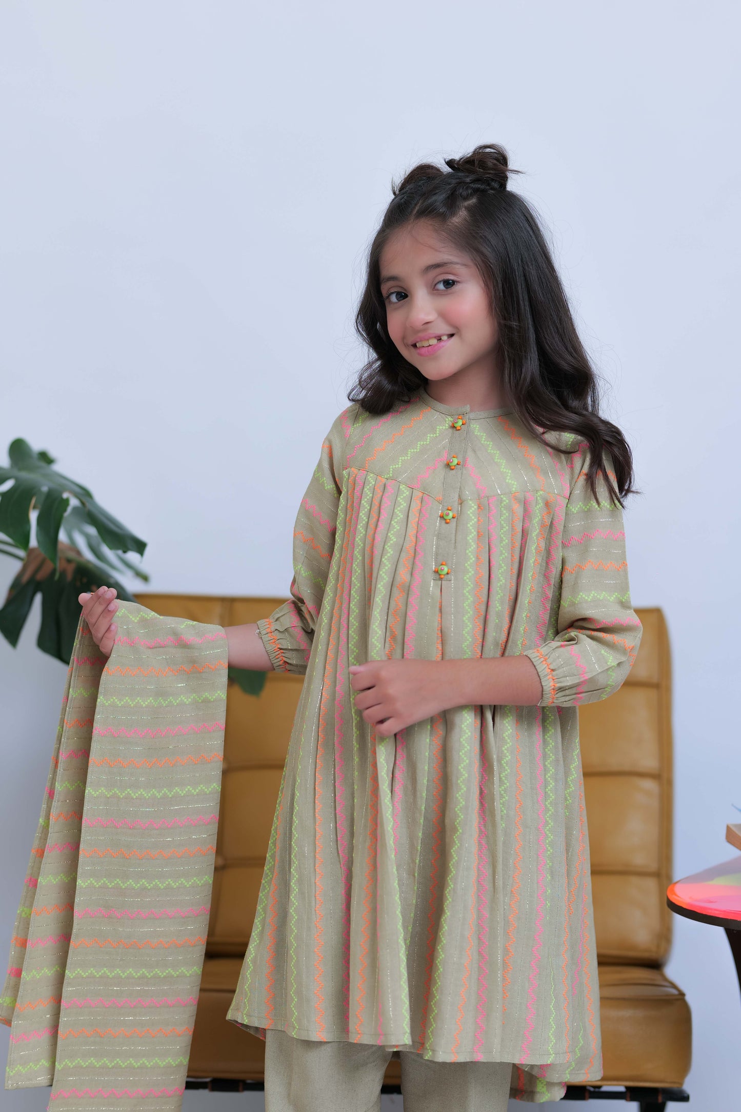 KAD-02827 | Fawn & Multicolor | Casual 3 Piece Suit | Karandi Fabric Dobby Jacquard