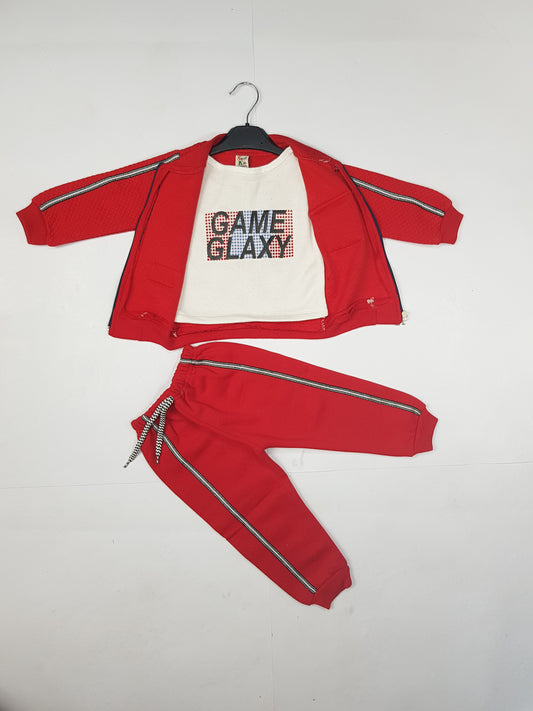 Red Quilted Fleece Hooded Jacket & Pants Set with "Game Galaxy" T-Shirt for Toddlers