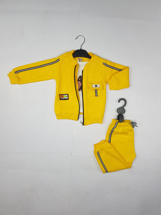 Yellow Quilted Fleece Hooded Jacket & Pants Set with Inner T-Shirt for Toddlers