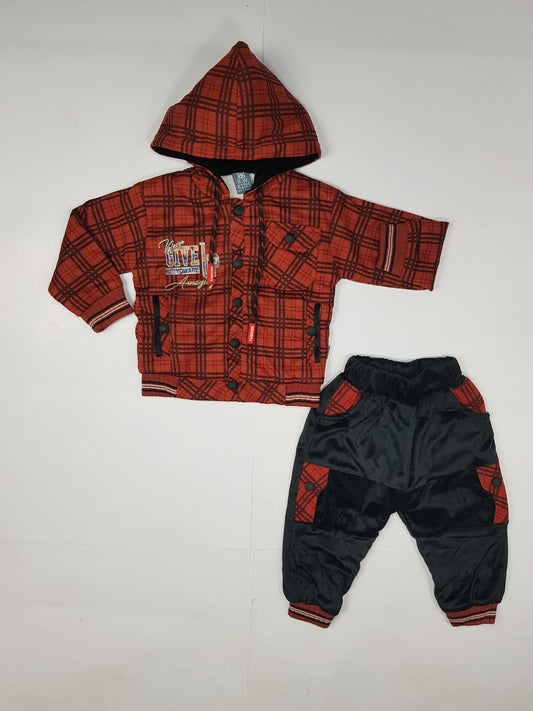 Copper color Check Winter Hoodie and Jogger Set for Boys - Warm Velour Fabric Outfit